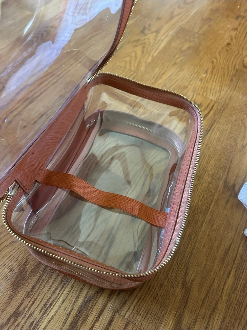 Clear Travel Toiletry Bag in Brown with Gold Zippers